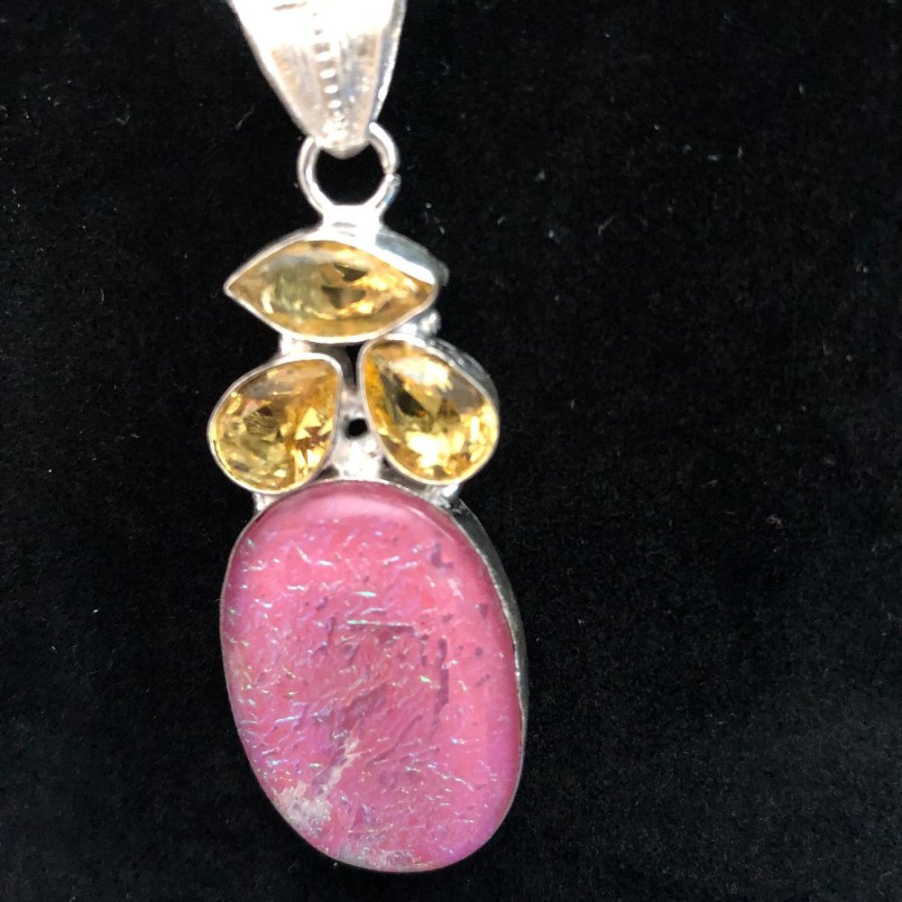Pink Triplet Fire Opal, Citrine Gemstone 925 Stamped Sterling Silver Necklace